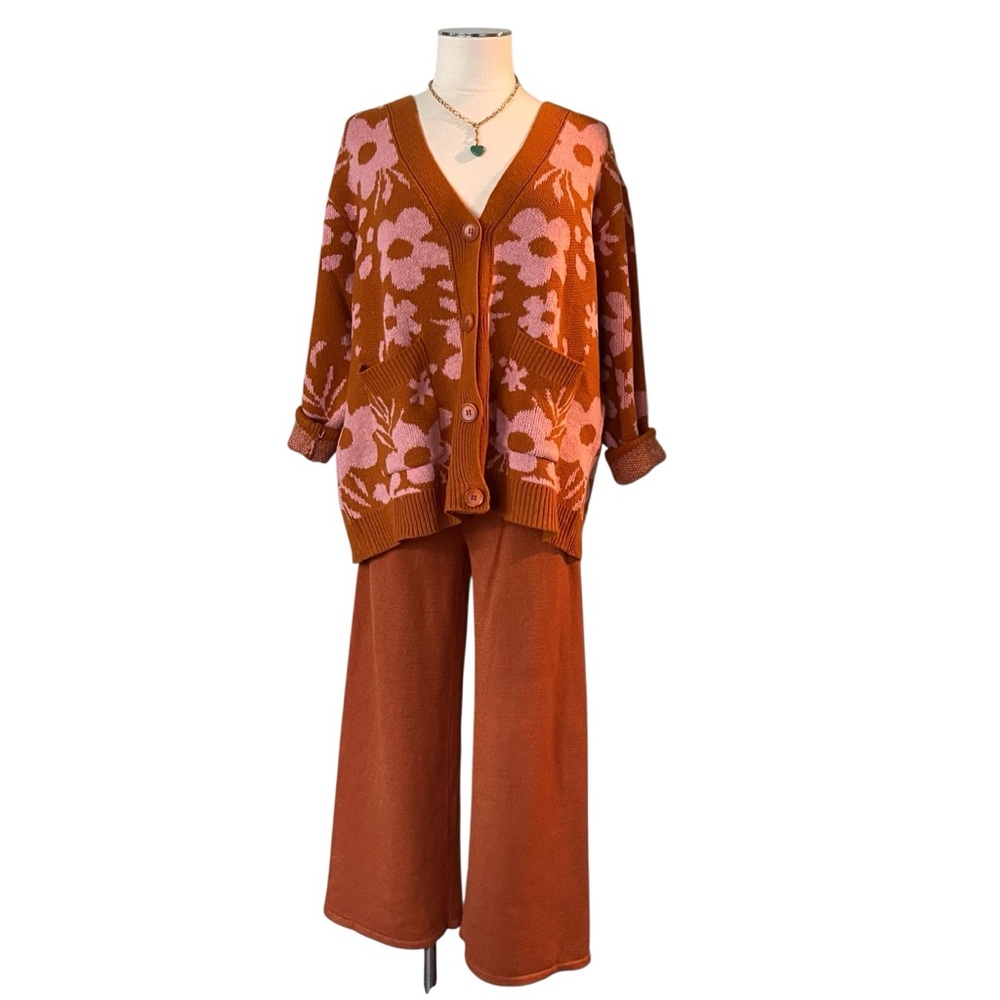 SUGARLIPS + IN LOOM Set Floral Cardigan Wide Leg Pants Burnt Orange Pink Sz S/ M